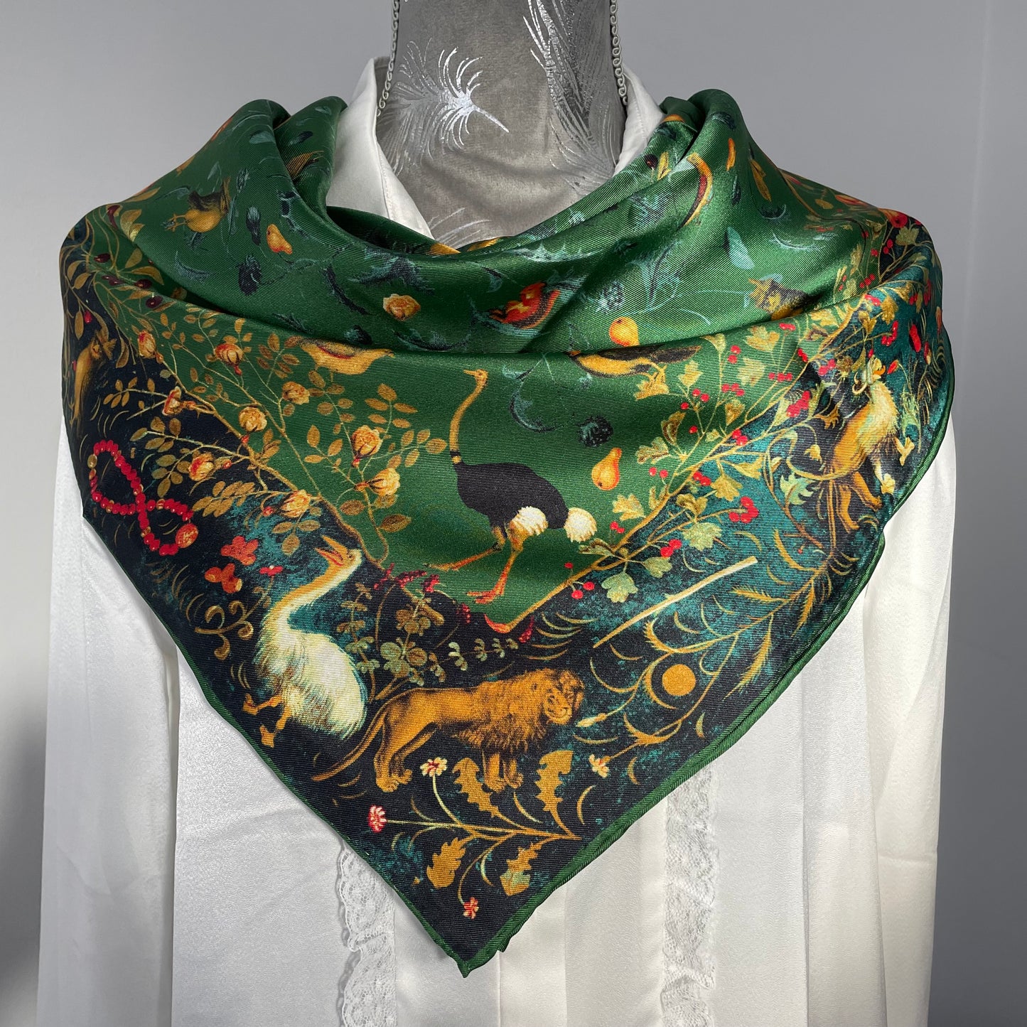 100% Pure Mulberry Silk Extra Large Hand Rolled Silk Scarf 35"- The Green & Birds