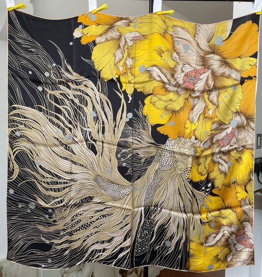 100% Pure Mulberry Silk Multicolour Handmade Large Silk Scarf 43"- The Golden Fish