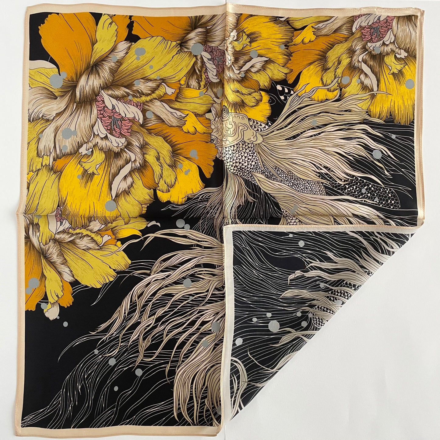 100% Pure Silk Multicolour Small Silk scarf -The Golden Fish-21” Silk Scarf