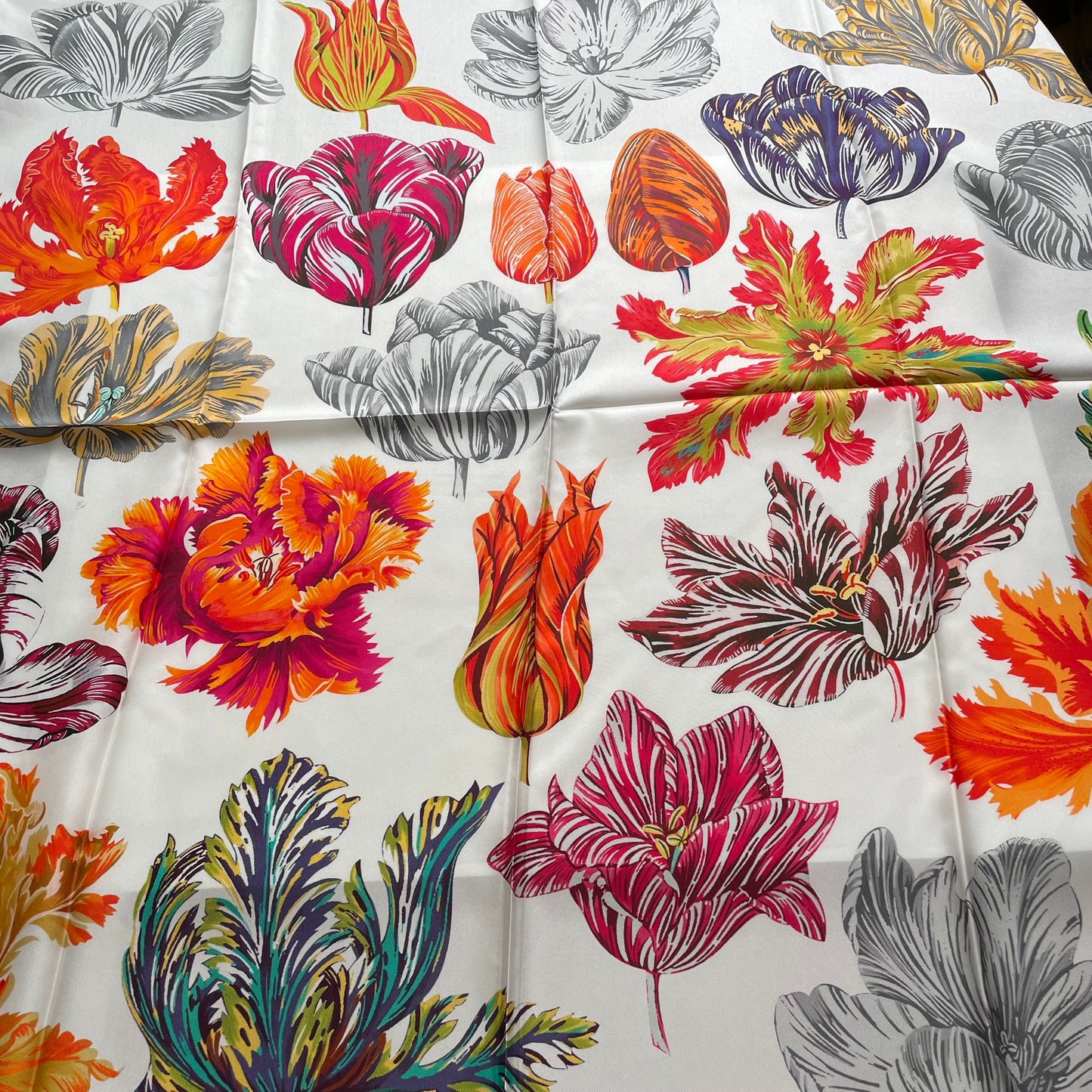 100% Pure Mulberry Silk Extra Large Hand Rolled Silk Scarf 35"- The Tulips