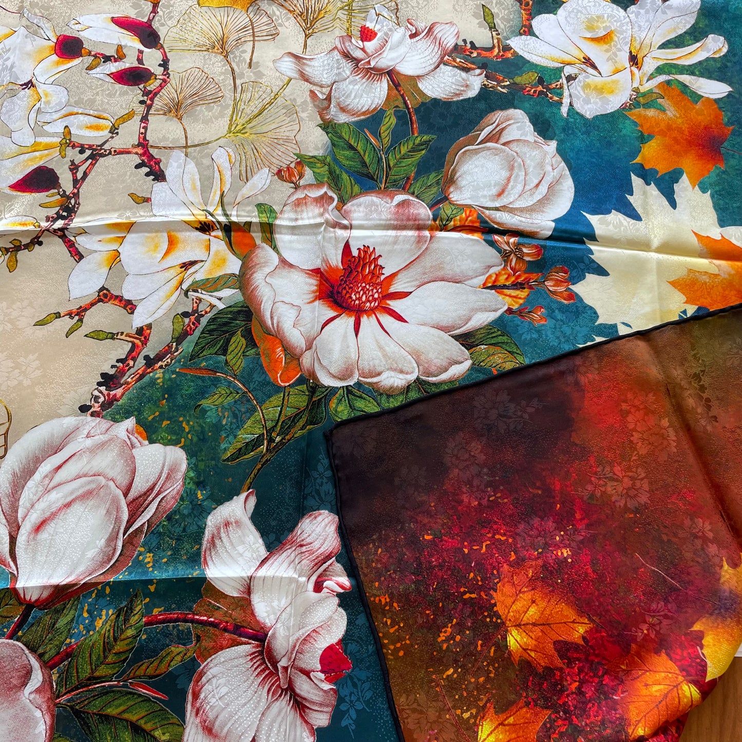 100% Pure Mulberry Silk Duo-Color Handmade Large Silk Scarf 43"- The Flowers