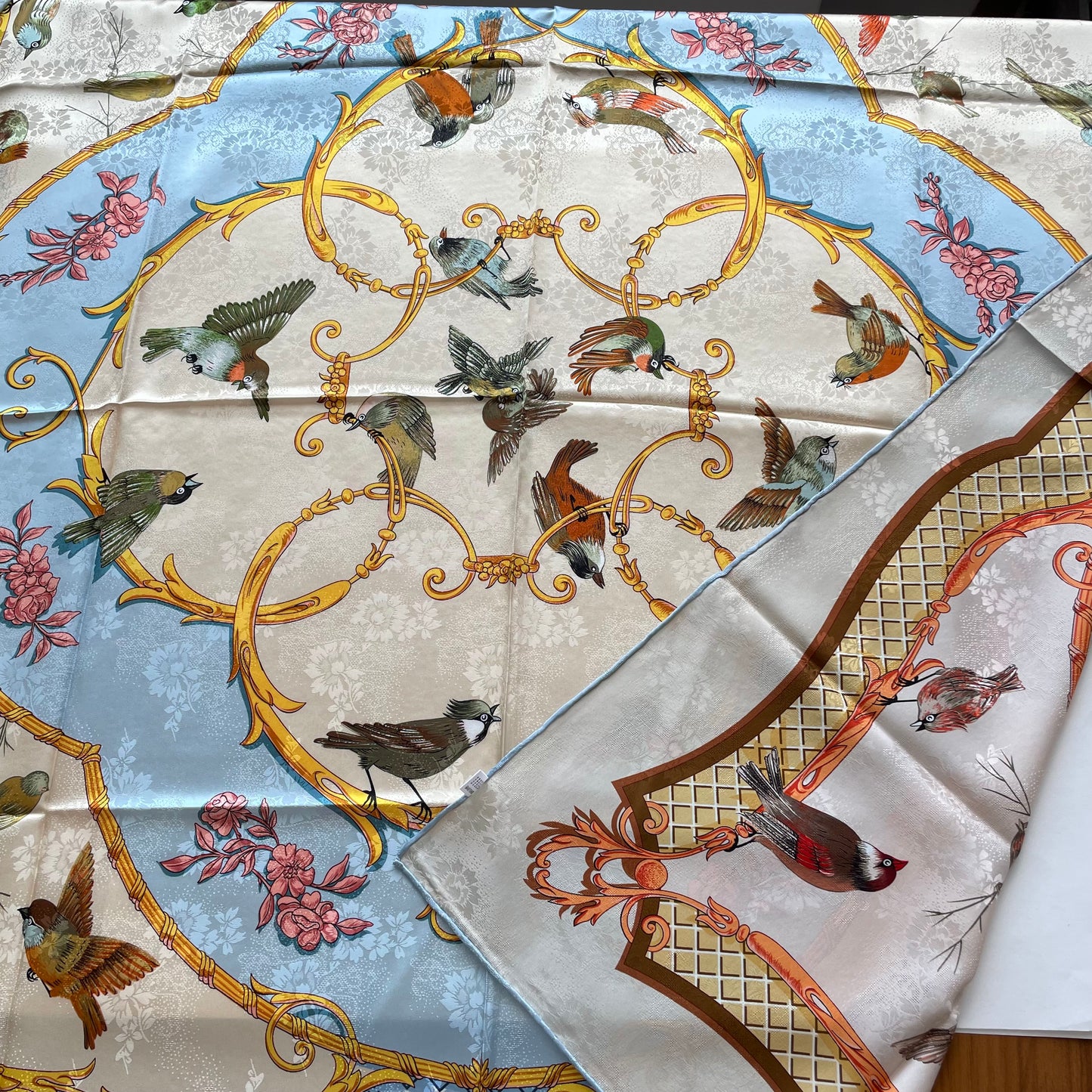100% Pure Mulberry Silk Duo-Color Handmade Large Silk Scarf 43"- The Birds