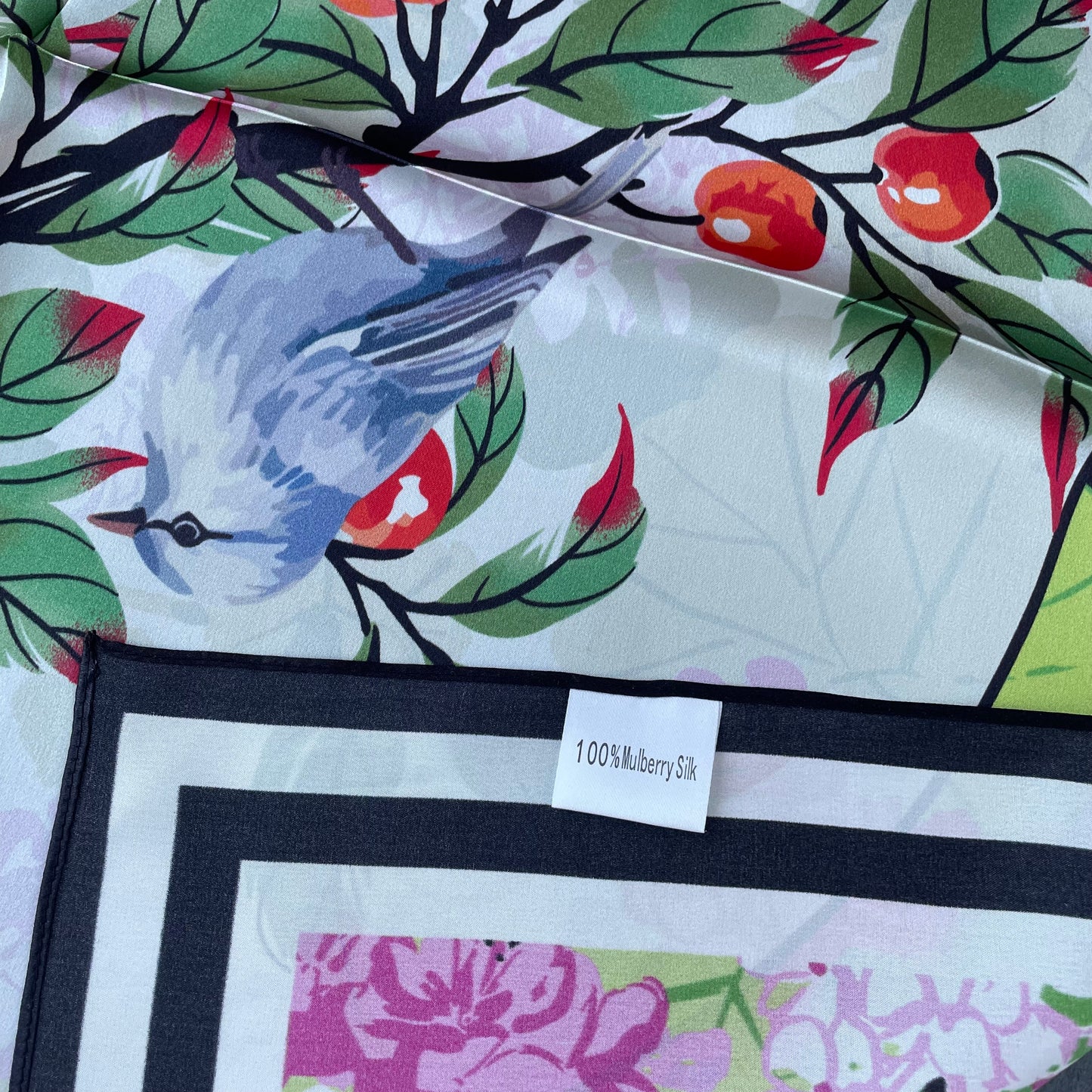 100% Pure Silk Multicolour Large Silk Scarf / Headscarf-The Pipits & Cherry- 26”Silk Scarf / Headscarf