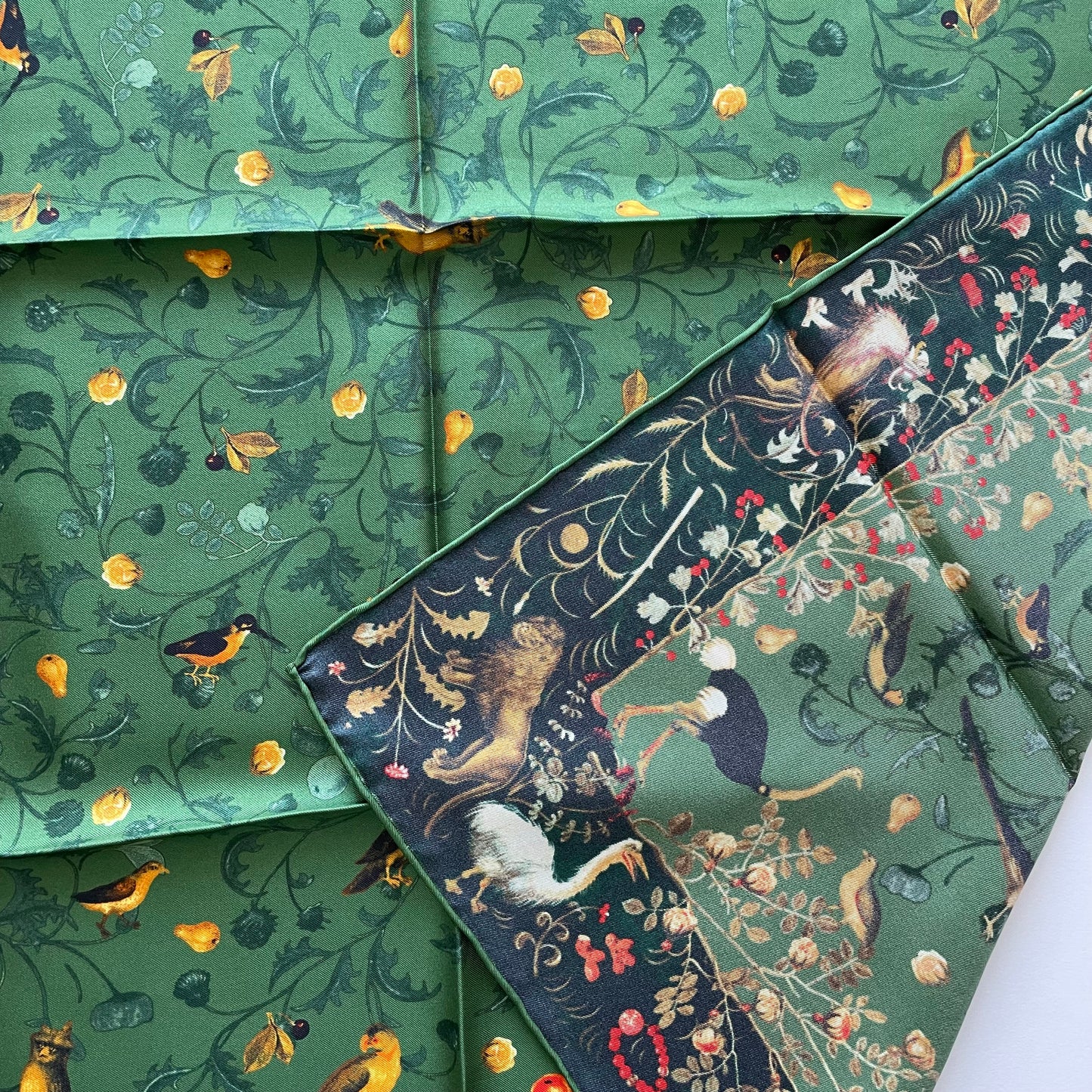 100% Pure Mulberry Silk Extra Large Hand Rolled Silk Scarf 35"- The Green & Birds