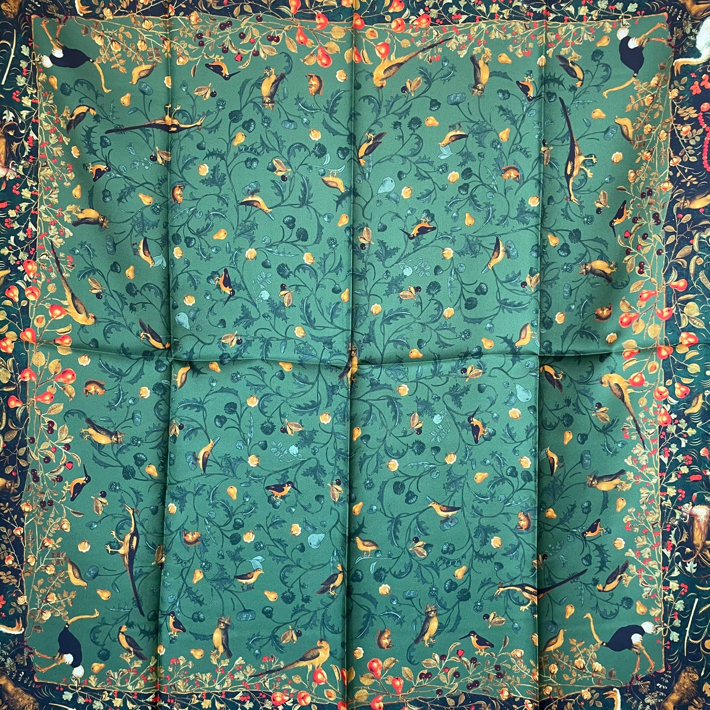 100% Pure Mulberry Silk Extra Large Hand Rolled Silk Scarf 35"- The Green & Birds