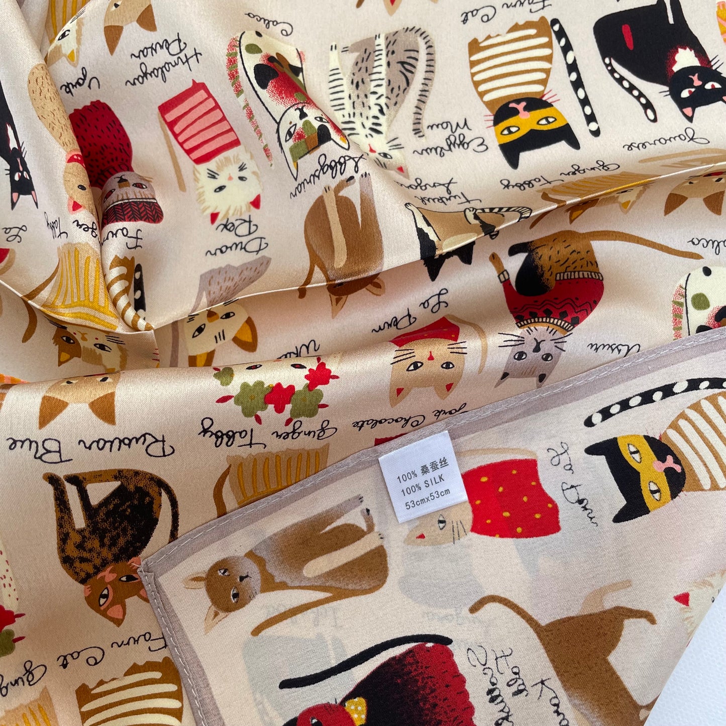 100% Pure Silk Multicolor 20" Silk Square Scarf -The Cats