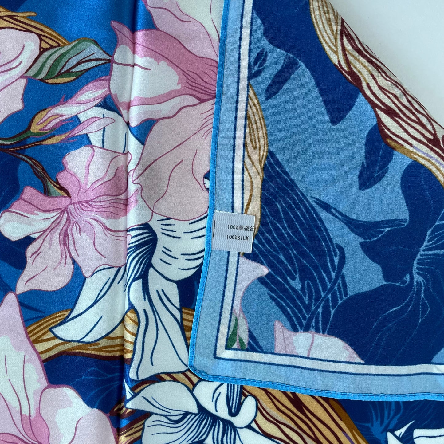 100% Pure Silk Multicolour Large Silk Scarf / Headscarf-The Blue Flowers - 26”Silk Scarf / Headscarf