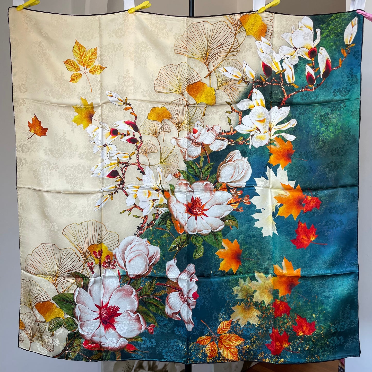 100% Pure Mulberry Silk Duo-Color Handmade Large Silk Scarf 43"- The Flowers