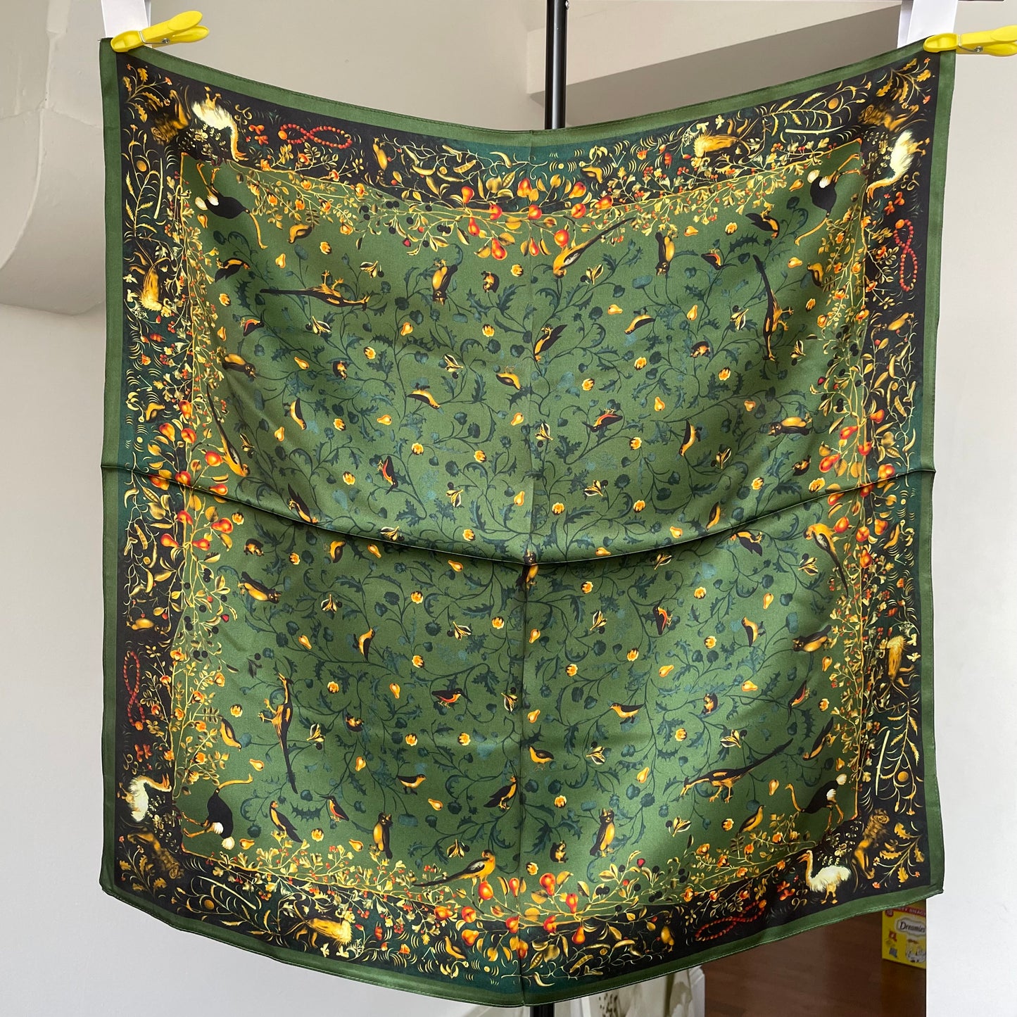 100% Pure Silk Multicolour Large Silk Scarf / Headscarf-The Green & Birds- 26”Silk Scarf / Headscarf