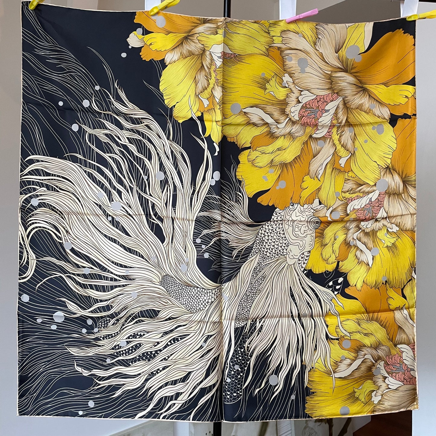 100% Pure Mulberry Silk Extra Large Hand Rolled Silk Scarf 35"- The Golden Fish
