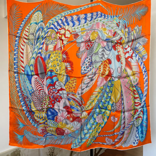 100% Pure Mulberry Silk Multicolour Handmade Extra Large 43"Silk Scarf - The Feathers