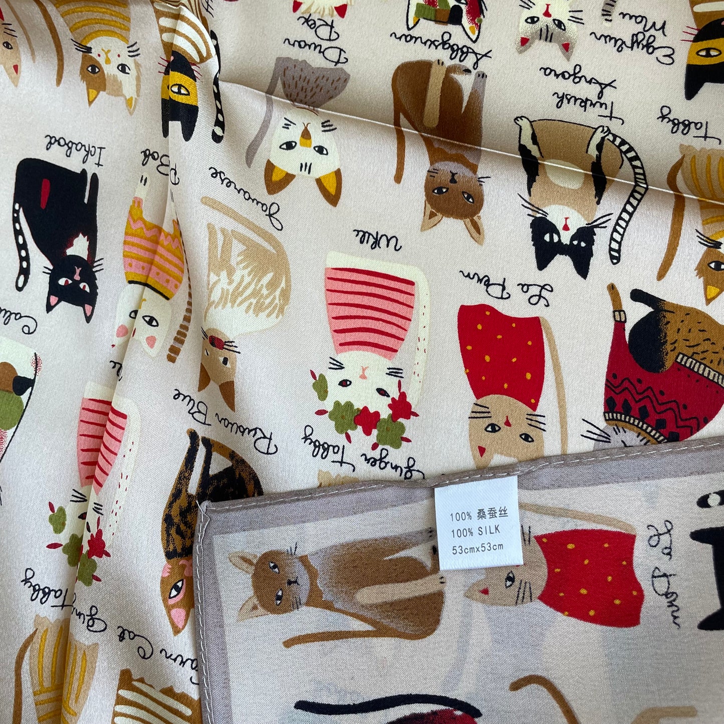 100% Mulberry Silk Scarf-Small Square Multicolor Silk Scarf, lightweight Luxury Neck Hair Scarf - The Cats