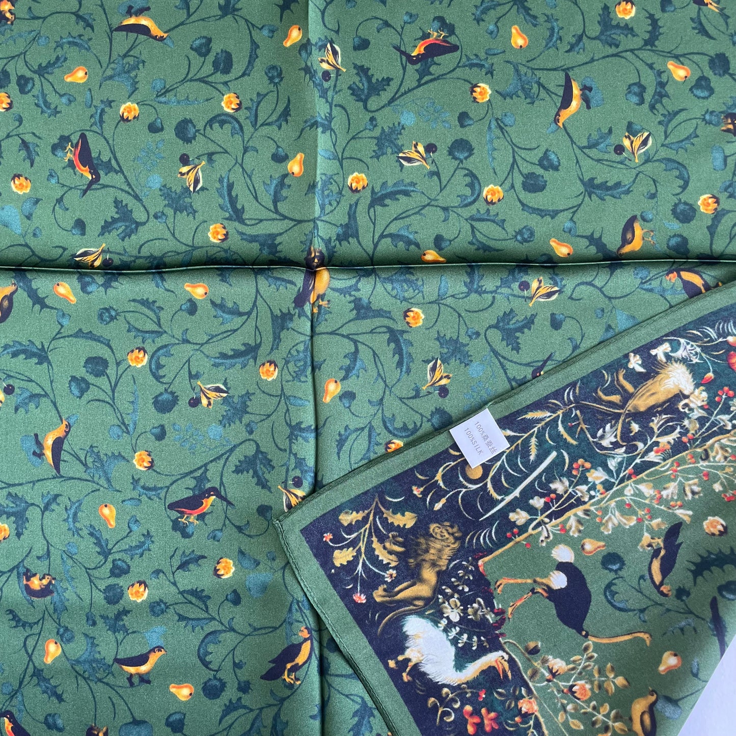 100% Pure Silk Multicolour Large Silk Scarf / Headscarf-The Green & Birds- 26”Silk Scarf / Headscarf