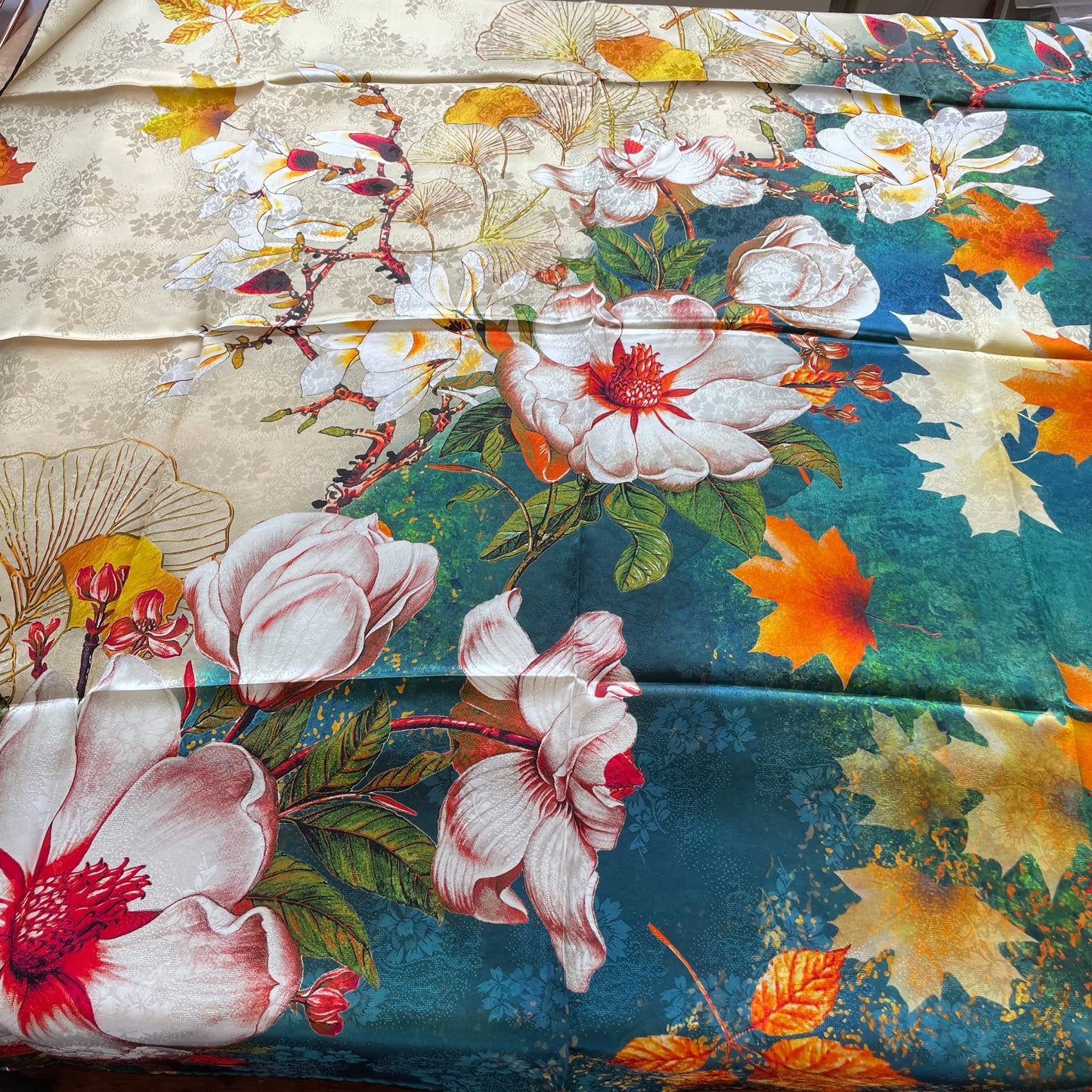 100% Pure Mulberry Silk Duo-Color Handmade Large Silk Scarf 43"- The Flowers