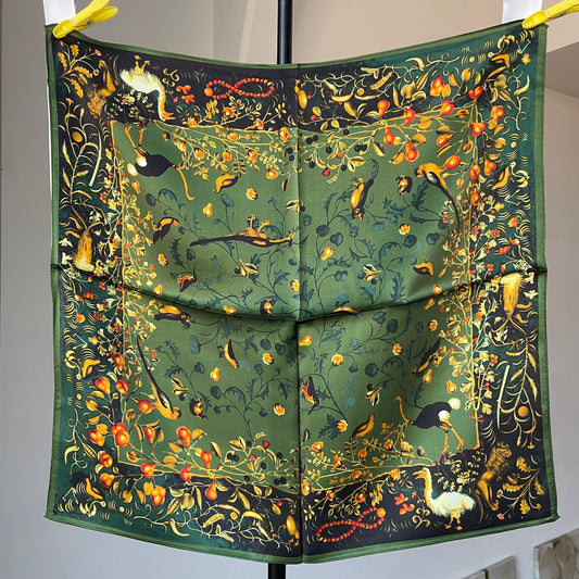 100% Pure Silk Multicolour Small Silk Scarf -The Green & Birds