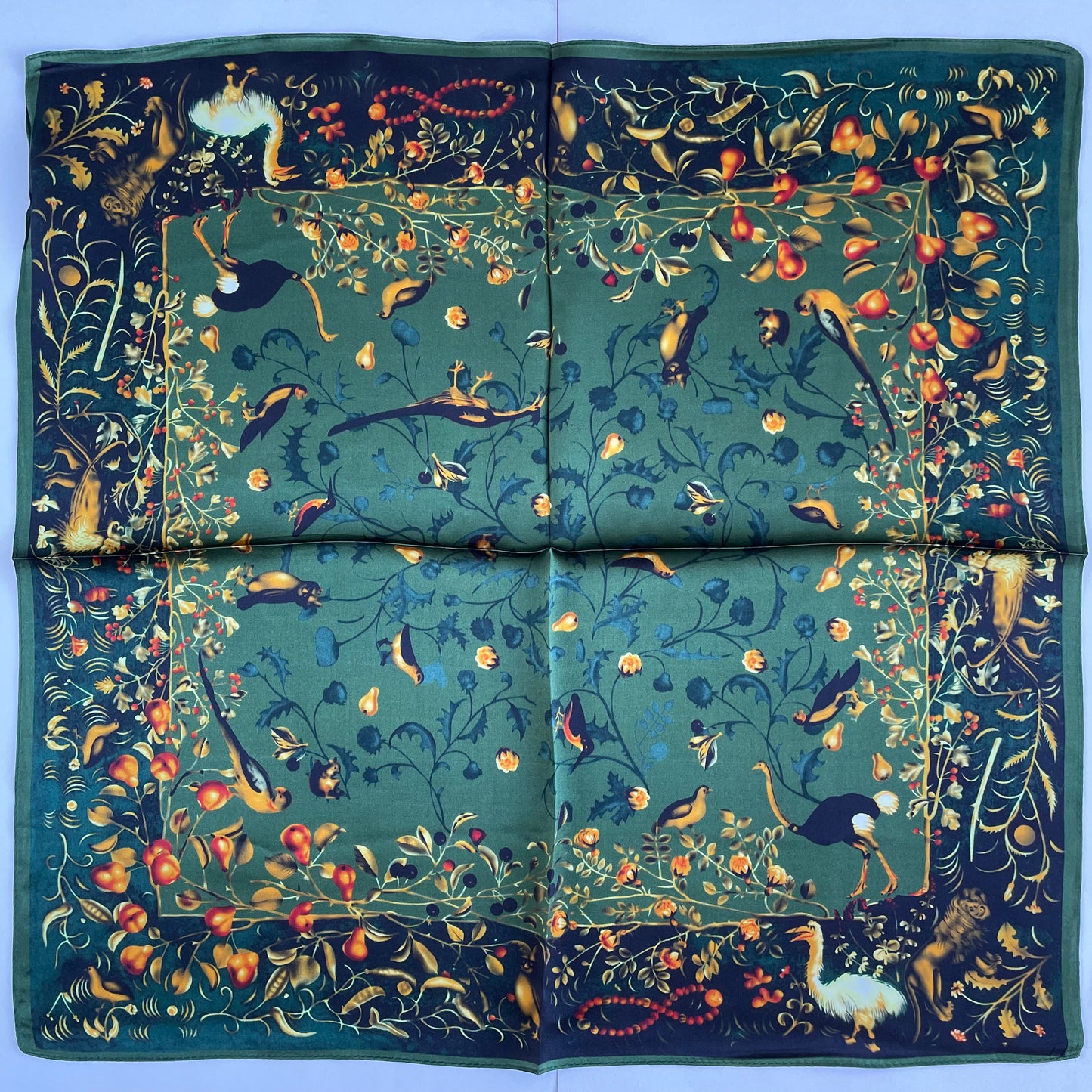 100% Pure Silk Multicolour Small Silk Scarf -The Green & Birds