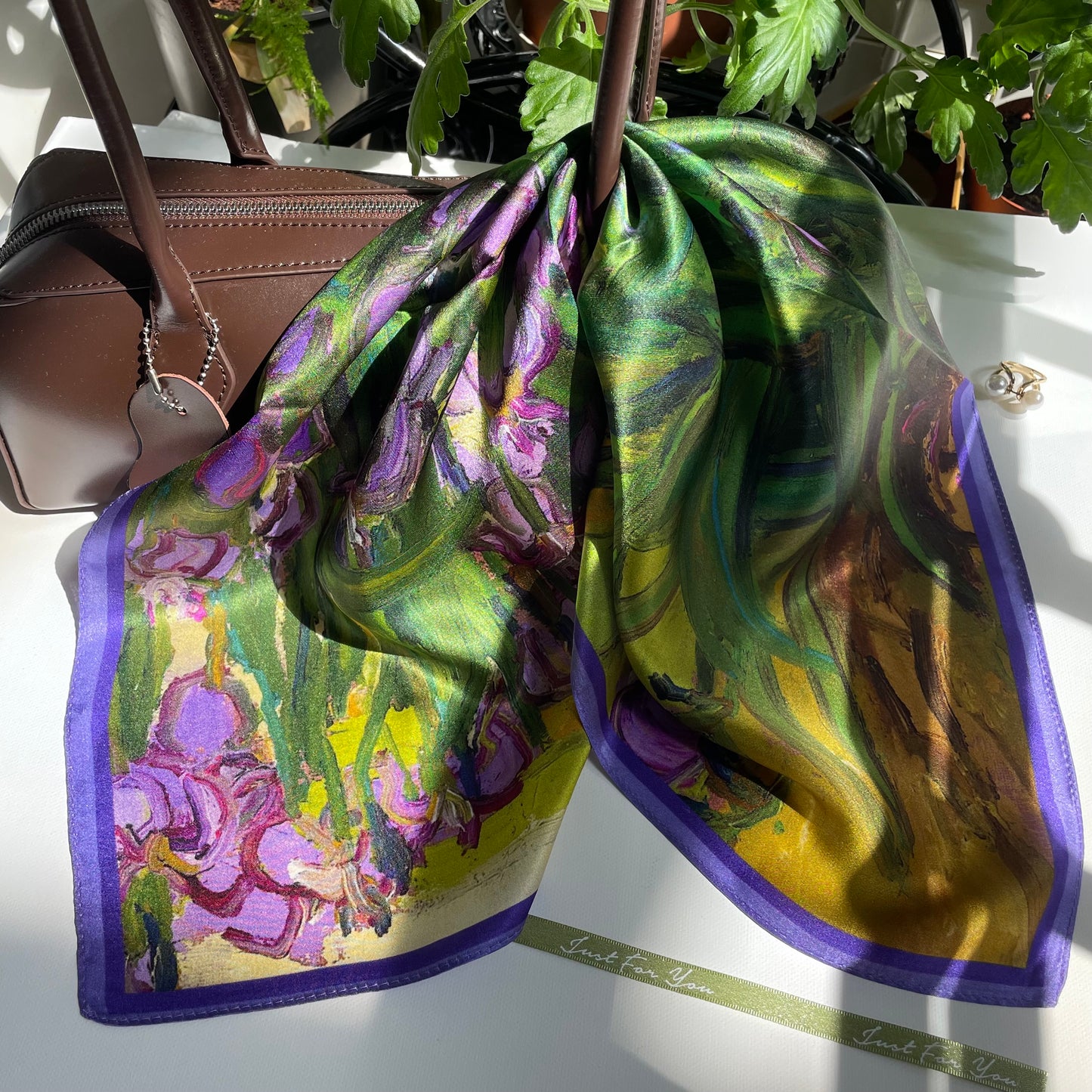 100% Pure Silk Multicolor 20" Silk Square Scarf -The Irises