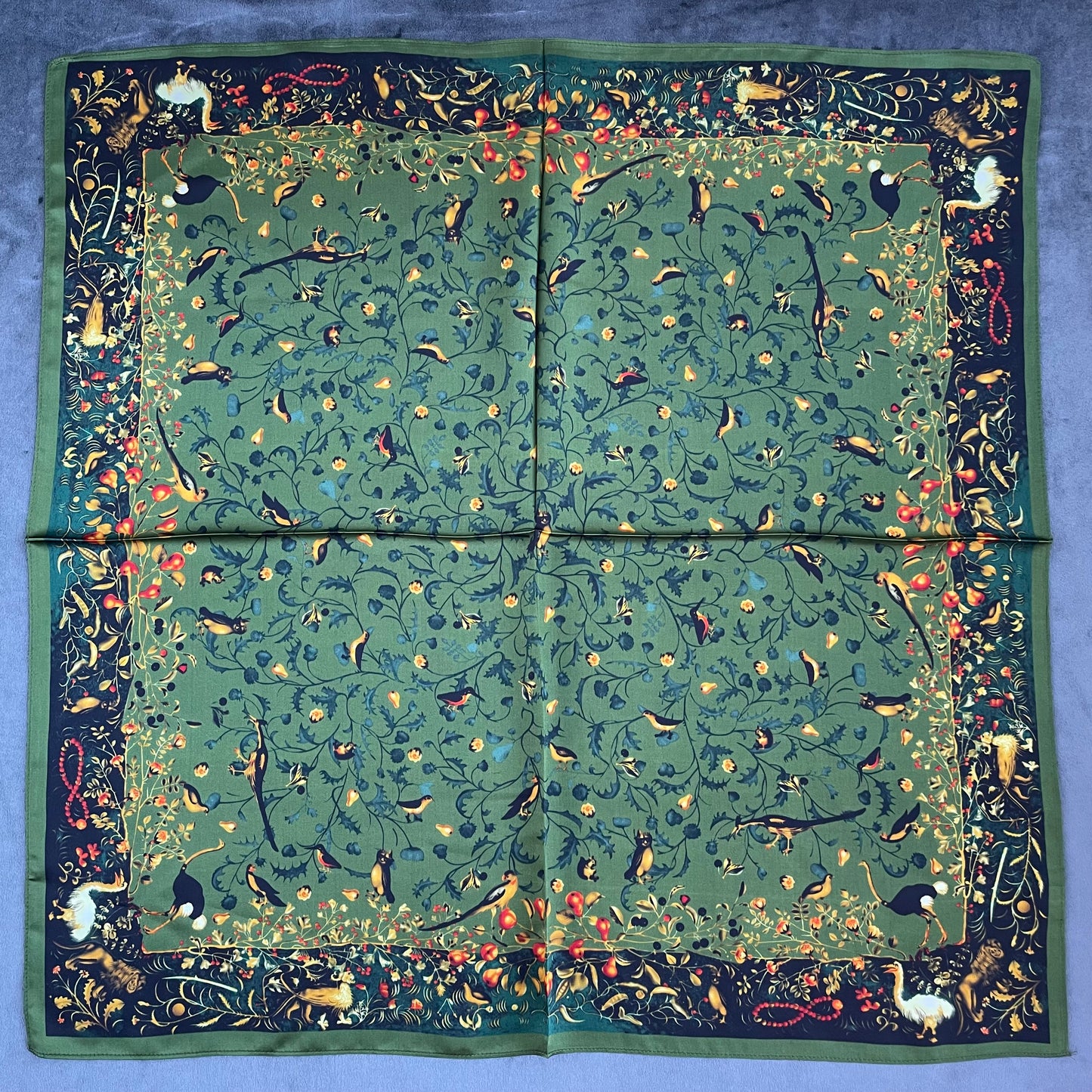 100% Pure Silk Multicolour Large Silk Scarf / Headscarf-The Green & Birds- 26”Silk Scarf / Headscarf