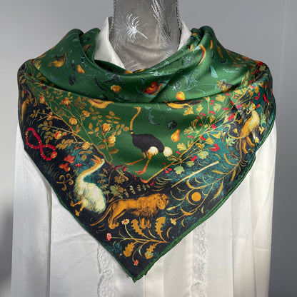100% Pure Mulberry Silk Extra Large Hand Rolled Silk Scarf 35"- The Green & Birds