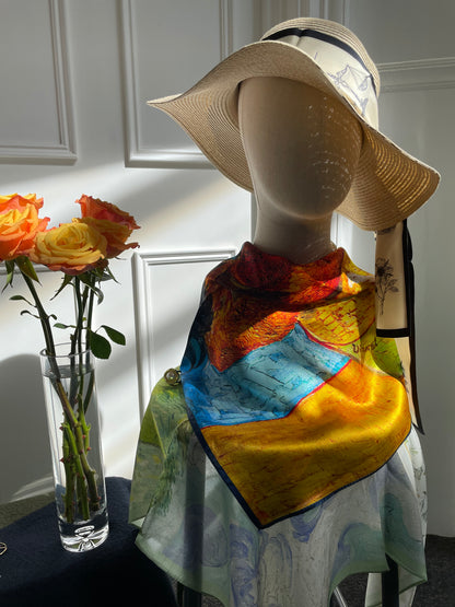 100% Pure Silk Multicolour Large Silk Scarf / Headscarf-The SunFlowers - 26”Silk Scarf / Headscarf