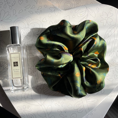 Luxury Handmade Pure Silk Scrunchie - Luxury 7cm wide Silk Hair tie - Artistic Silk Scrunchie-The Green & Birds