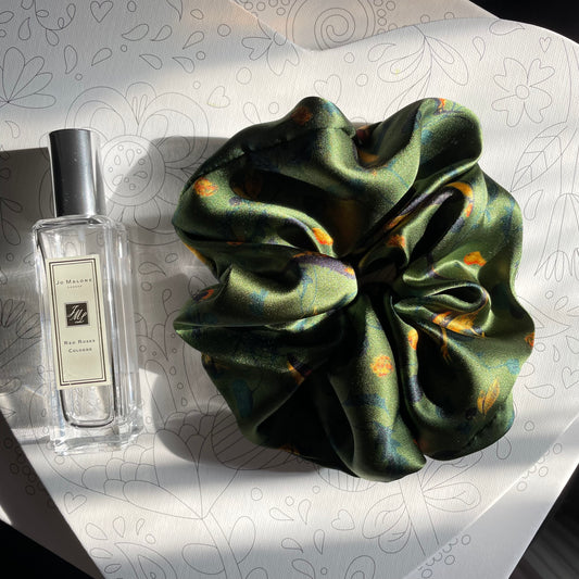 Luxury Handmade Pure Silk Scrunchie - Luxury 7cm wide Silk Hair tie - Artistic Silk Scrunchie-The Green & Birds