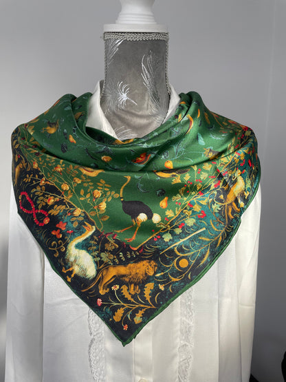 100% Pure Mulberry Silk Extra Large Hand Rolled Silk Scarf 35"- The Green & Birds