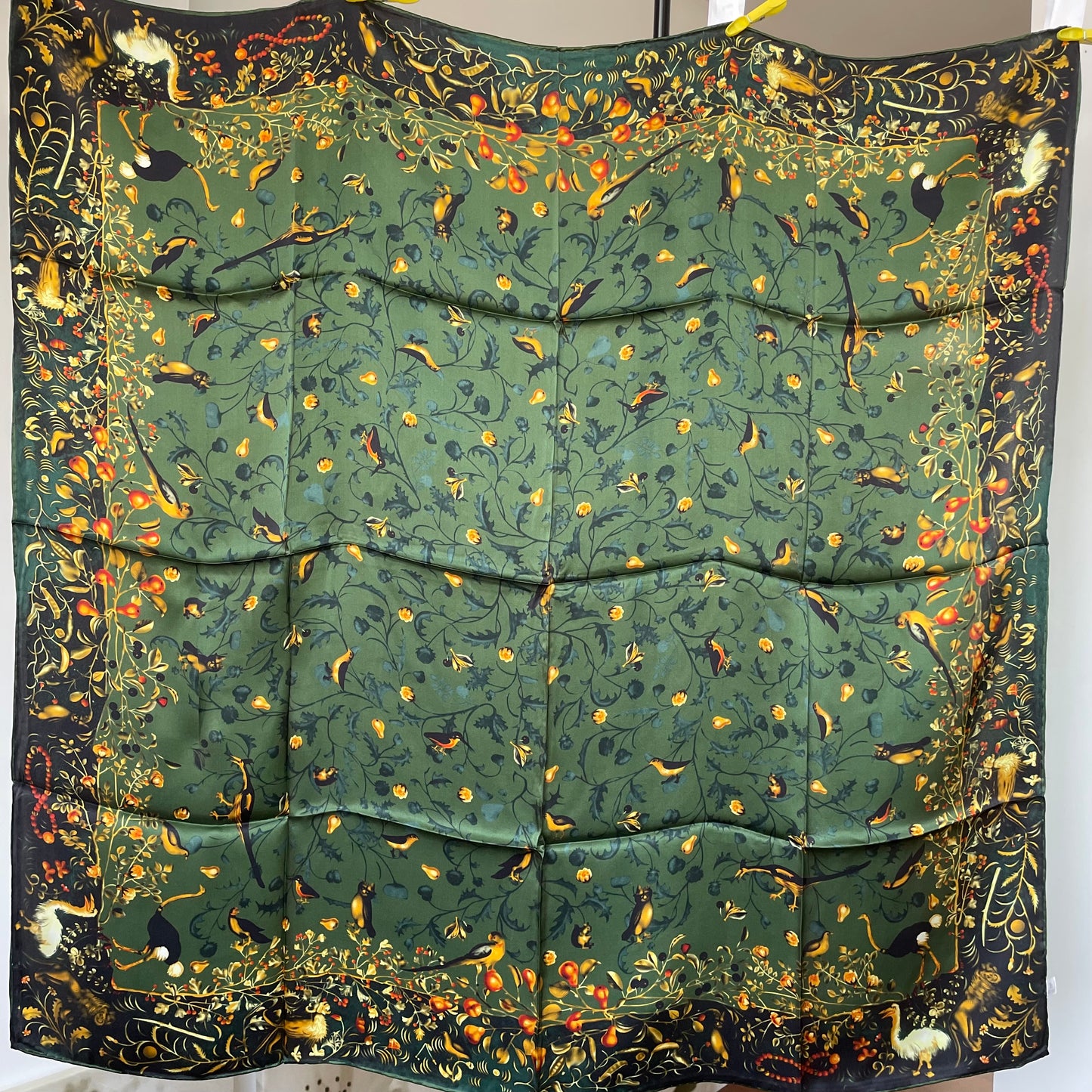 100% Pure Mulberry Silk Multicolour Handmade Large 43"Silk Scarf - The Green Bird