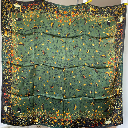 100% Pure Mulberry Silk Multicolour Handmade Large 43"Silk Scarf - The Green Bird