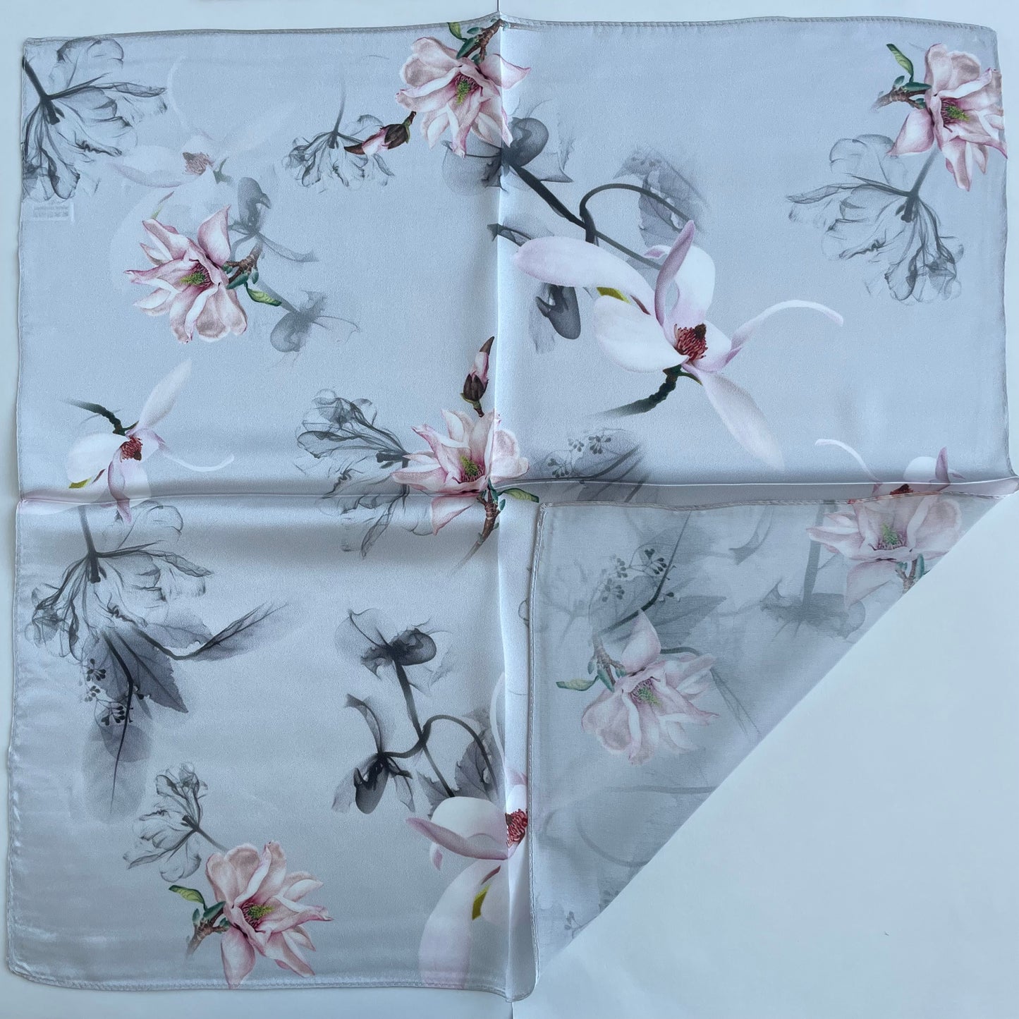 100% Pure Silk Multicolour Small Silk Scarf -The Pink & Grey Flowers