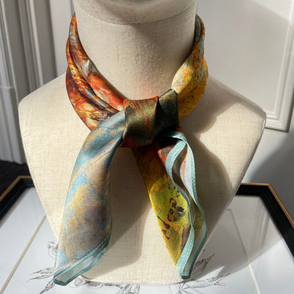 100% Mulberry Silk Scarf-Small Square Multicolor Silk Scarf, lightweight Luxury Neck Hair Scarf - The Autumn Painting