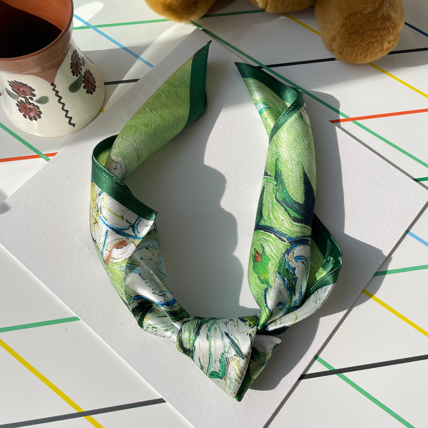 100% Pure Silk Multicolour Small Silk Scarf -The White Rose