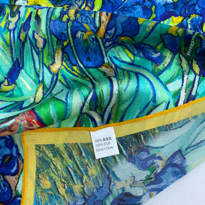 100% Pure Silk Multicolour Small Silk scarf -The Irises -21” Silk Scarf