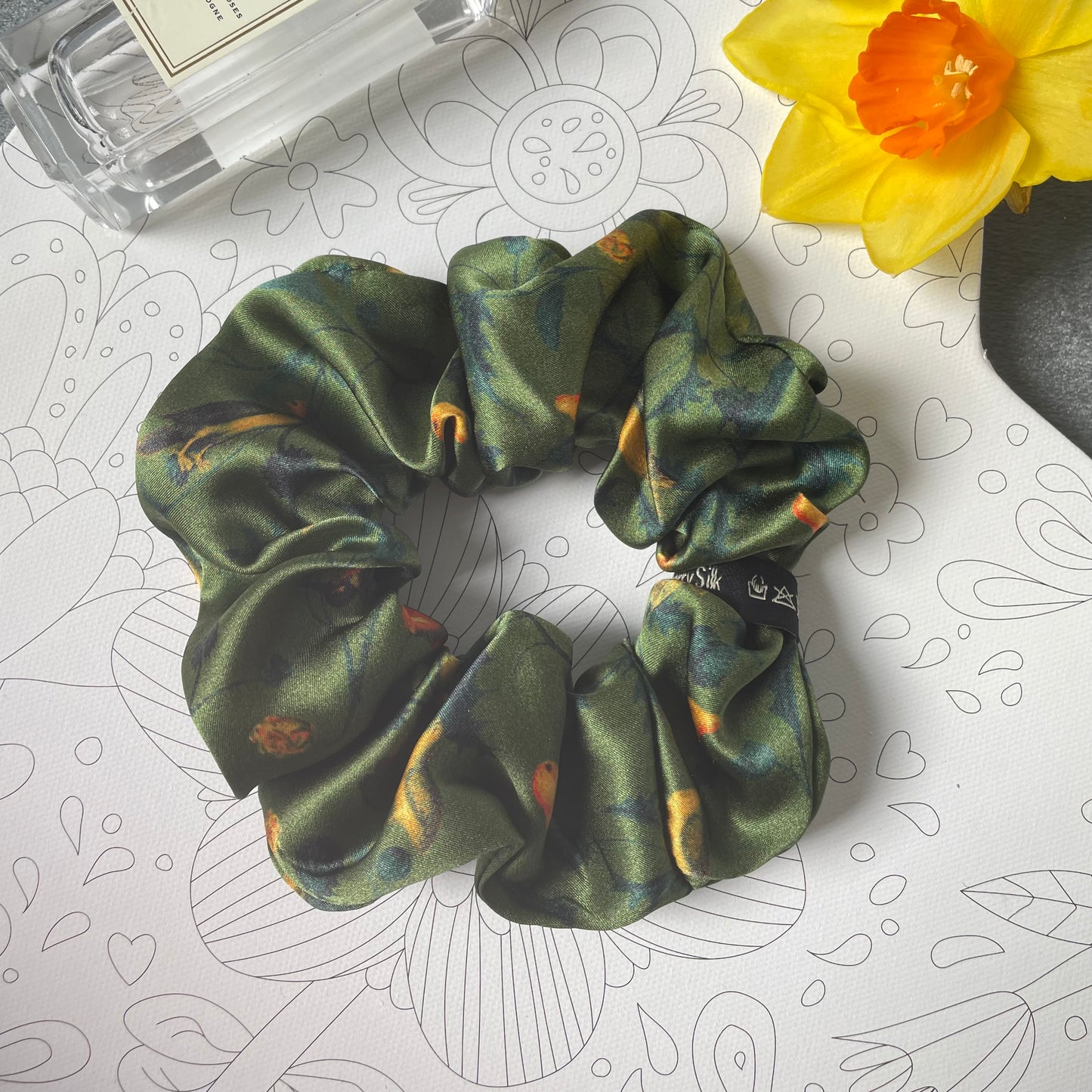 Luxury Handmade Pure Silk Scrunchie - Luxury 7cm wide Silk Hair tie - Artistic Silk Scrunchie-The Green & Birds