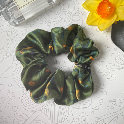 Luxury Handmade Pure Silk Scrunchie - Luxury 7cm wide Silk Hair tie - Artistic Silk Scrunchie-The Green & Birds