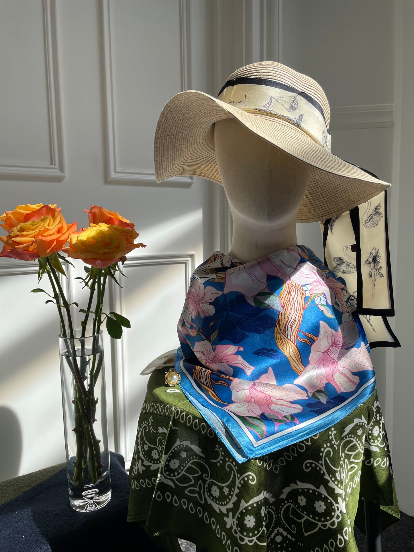 100% Pure Silk Multicolour Large 26” Silk Scarf / Headscarf-The Blue Flowers