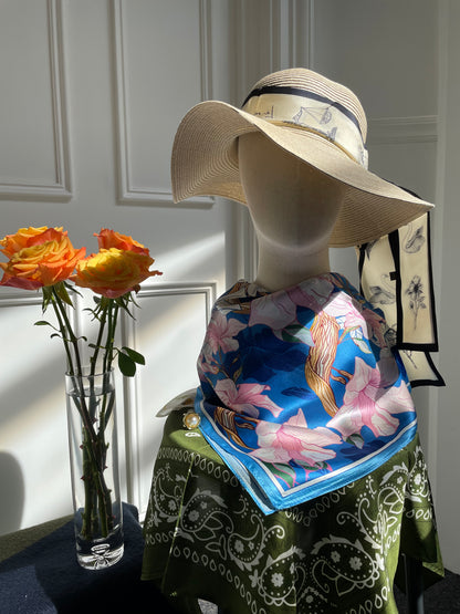 100% Pure Silk Multicolour Large 26” Silk Scarf / Headscarf-The Blue Flowers