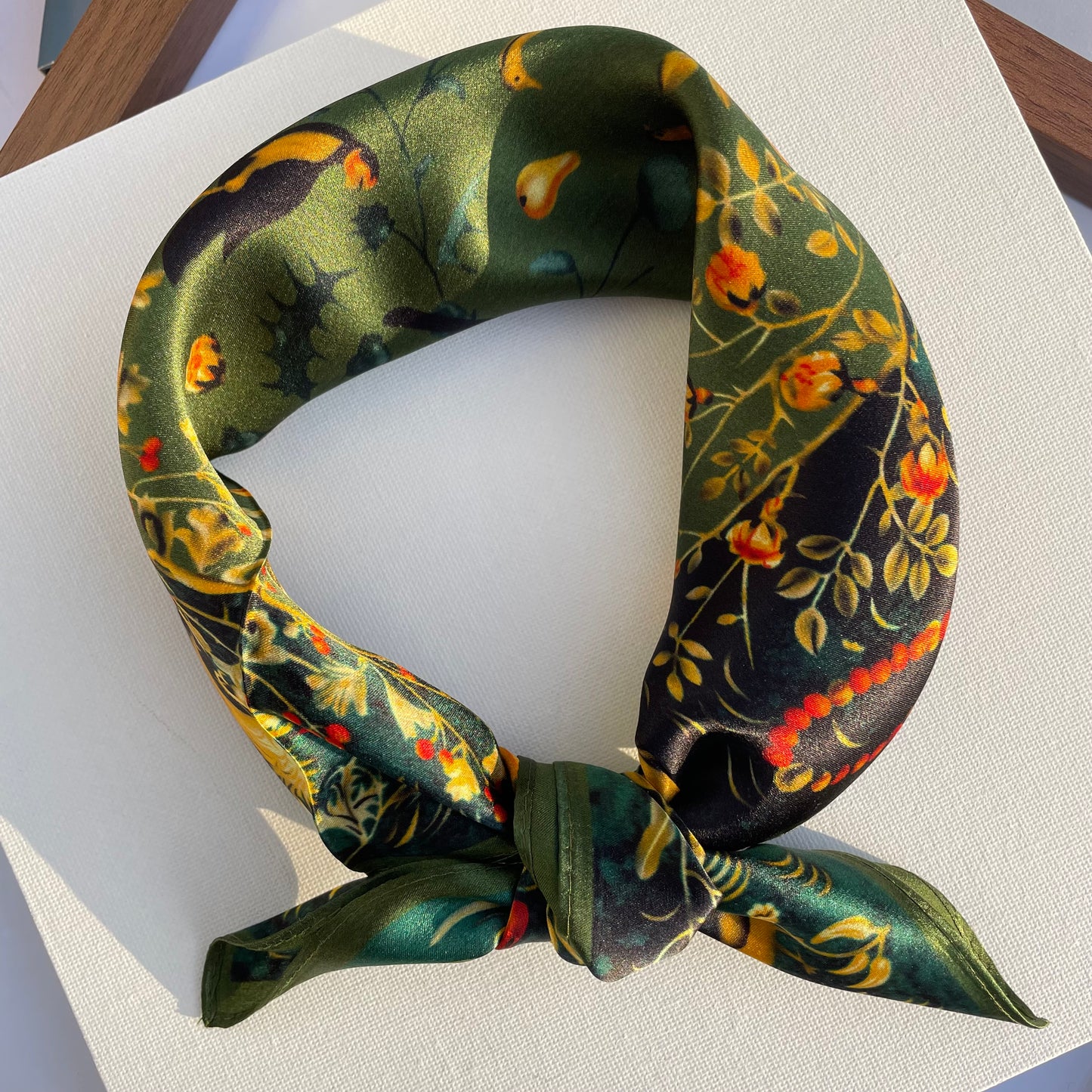 100% Mulberry Silk Scarf-Small Square Multicolor Silk Scarf, lightweight Luxury Neck Hair Scarf -The Green & Birds