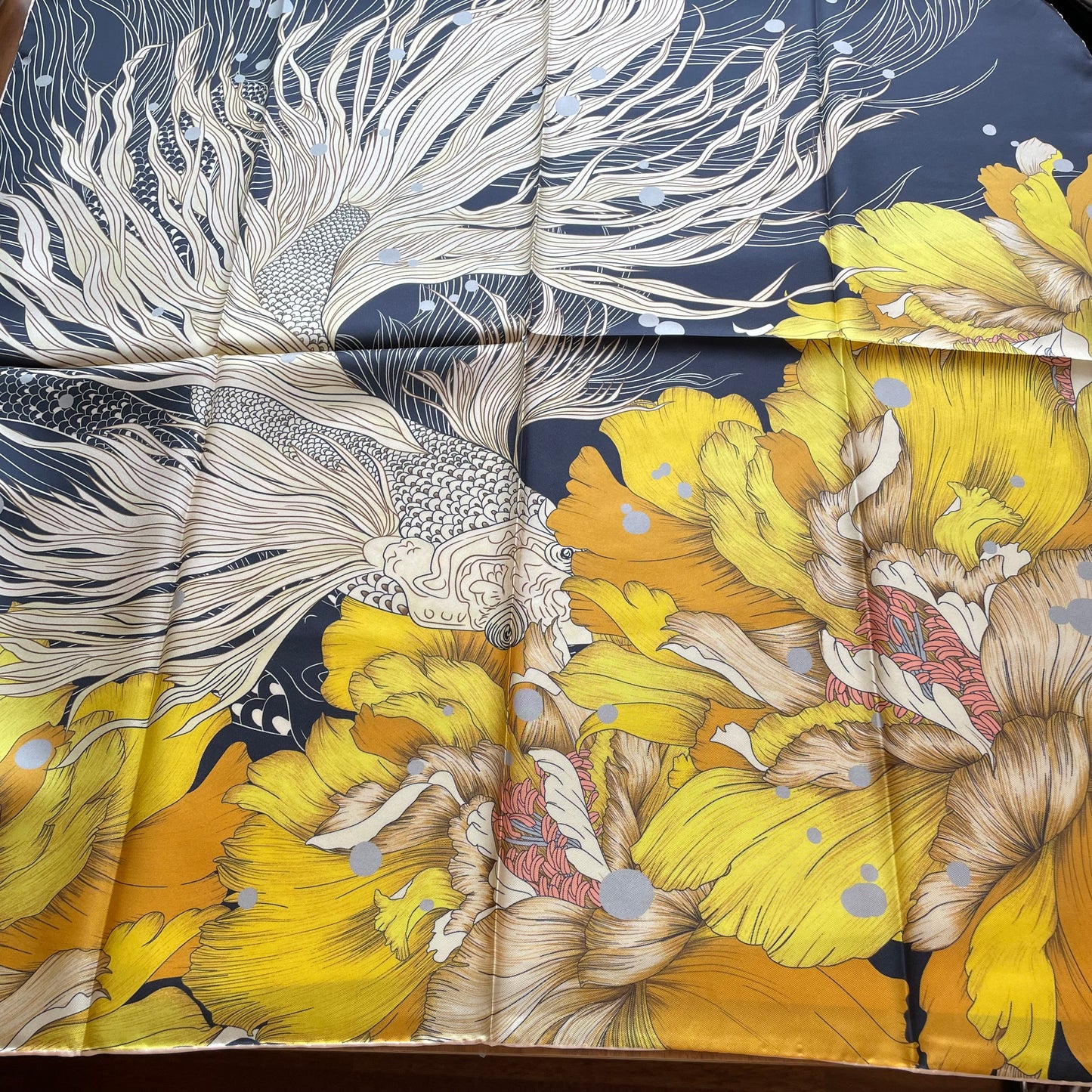 100% Pure Mulberry Silk Extra Large Hand Rolled Silk Scarf 35"- The Golden Fish