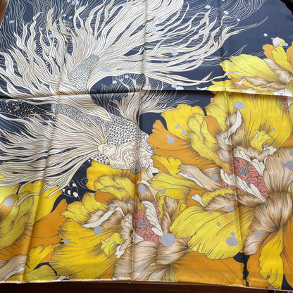 100% Pure Mulberry Silk Extra Large Hand Rolled Silk Scarf 35"- The Golden Fish
