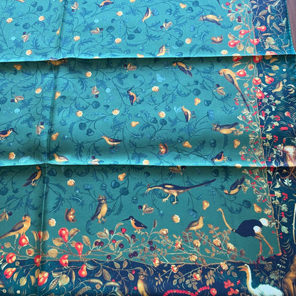 100% Pure Mulberry Silk Extra Large Hand Rolled Silk Scarf 35"- The Green & Birds