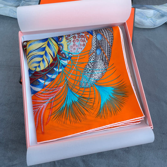 Exquisite! 100% Pure Mulberry Silk Multicolour Pure Handmade 35” Large Silk Scarf - The Feathers