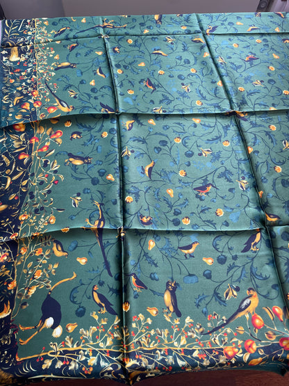 100% Pure Mulberry Silk Multicolour Handmade Large 43"Silk Scarf - The Green Bird