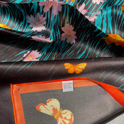 100% Pure Mulberry Silk 26” Scarf - Large Multicolour Headscarf/ Bandana/Hair Scarf - Elegant Square Silk Scarf Gift for Her/Mom -The Flowers