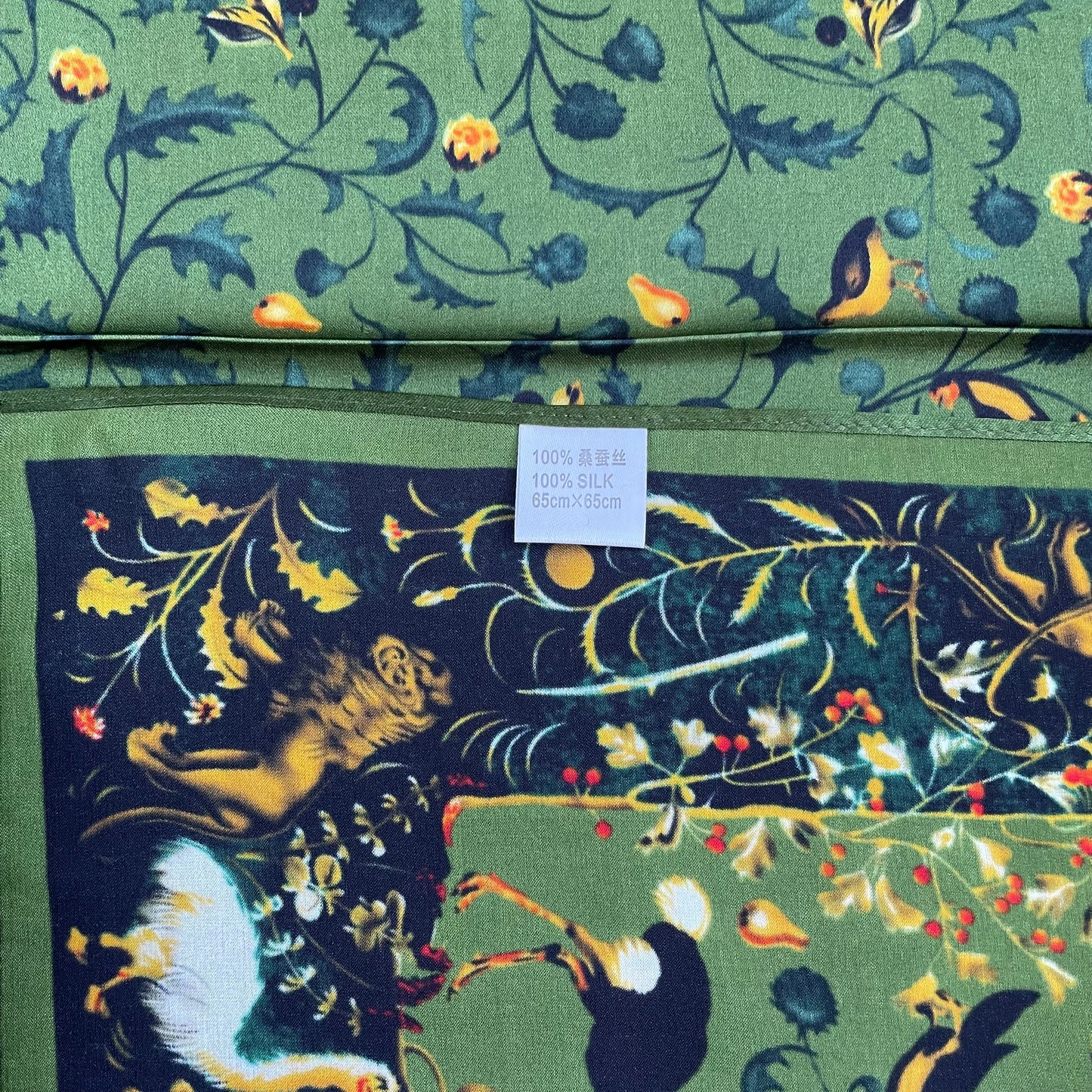 100% Pure Silk Multicolour Large Silk Scarf / Headscarf-The Green & Birds- 26”Silk Scarf / Headscarf