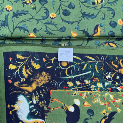 100% Pure Silk Multicolour Large Silk Scarf / Headscarf-The Green & Birds- 26”Silk Scarf / Headscarf