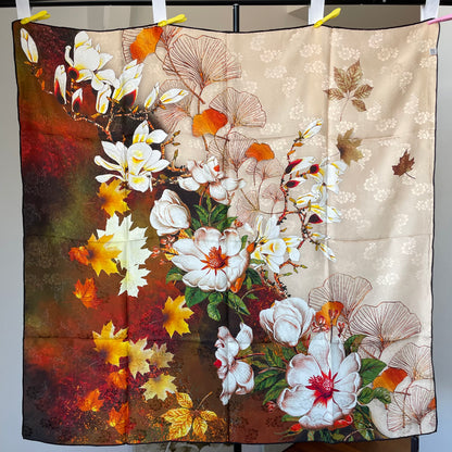 100% Pure Mulberry Silk Duo-Color Handmade Large Silk Scarf 43"- The Flowers
