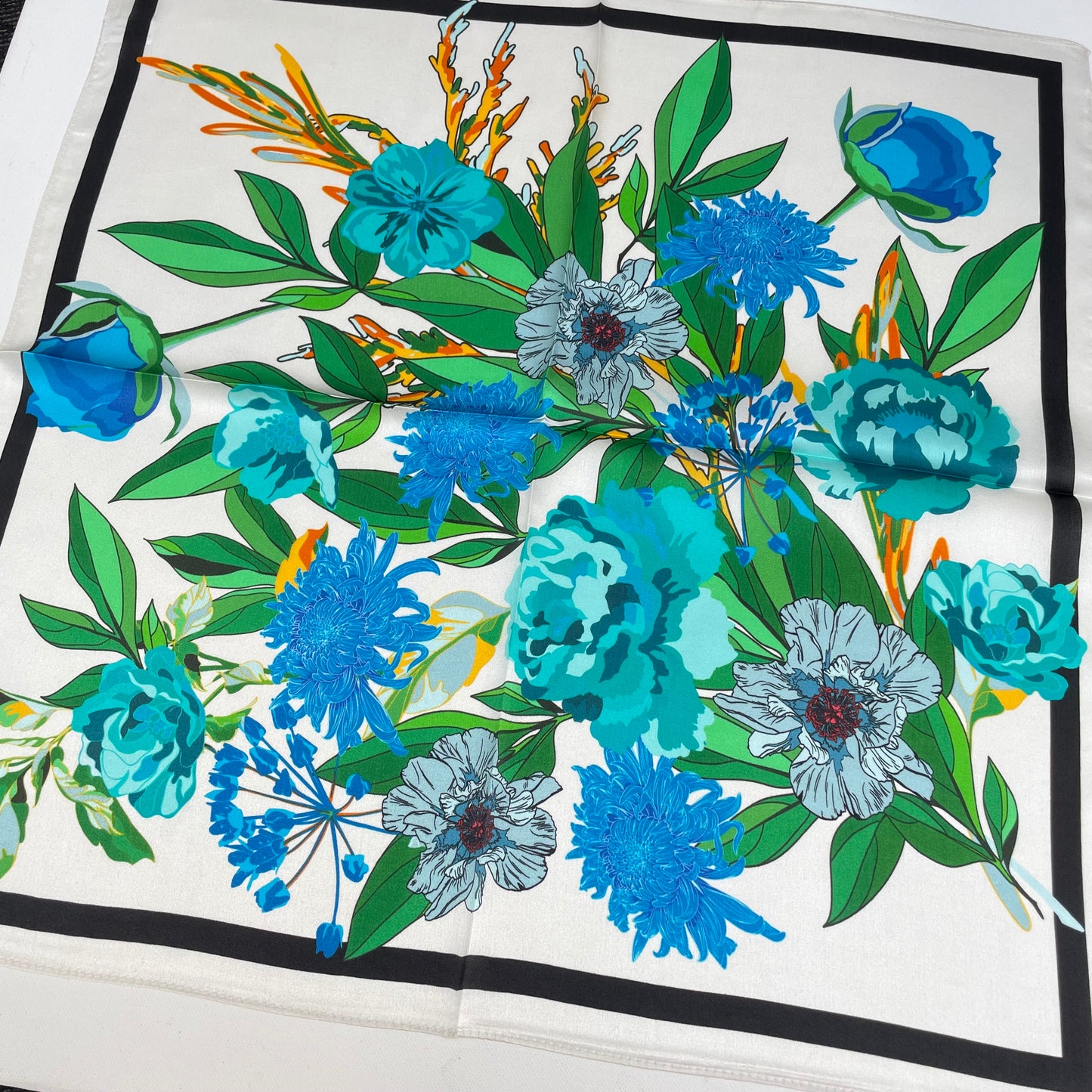 100% Pure Silk Multicolor 20" Silk Square Scarf -The Blue Flowers