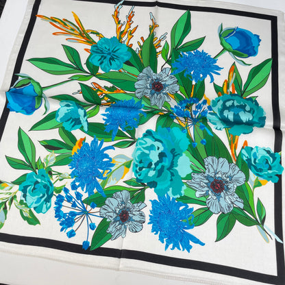 100% Pure Silk Multicolor 20" Silk Square Scarf -The Blue Flowers