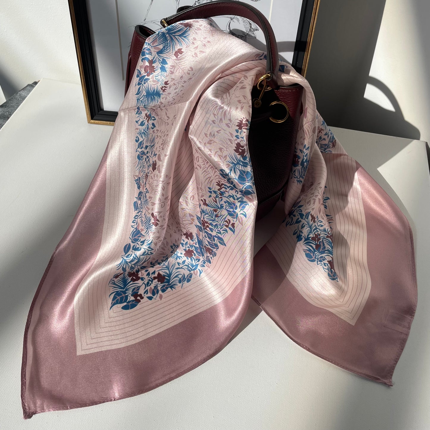 100% Pure Silk Multicolour Large Silk Scarf / Headscarf-The Pink Flowers - 26”Silk Scarf / Headscarf